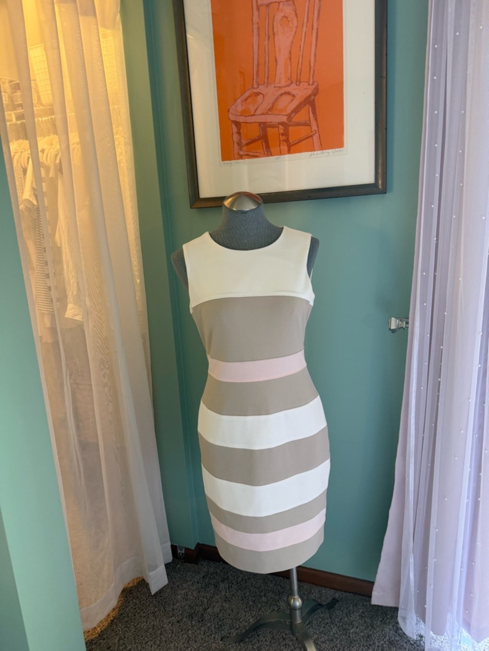 Tommy Hilfiger Sleeveless Striped Midi Dress in Taupe, White, and Pink